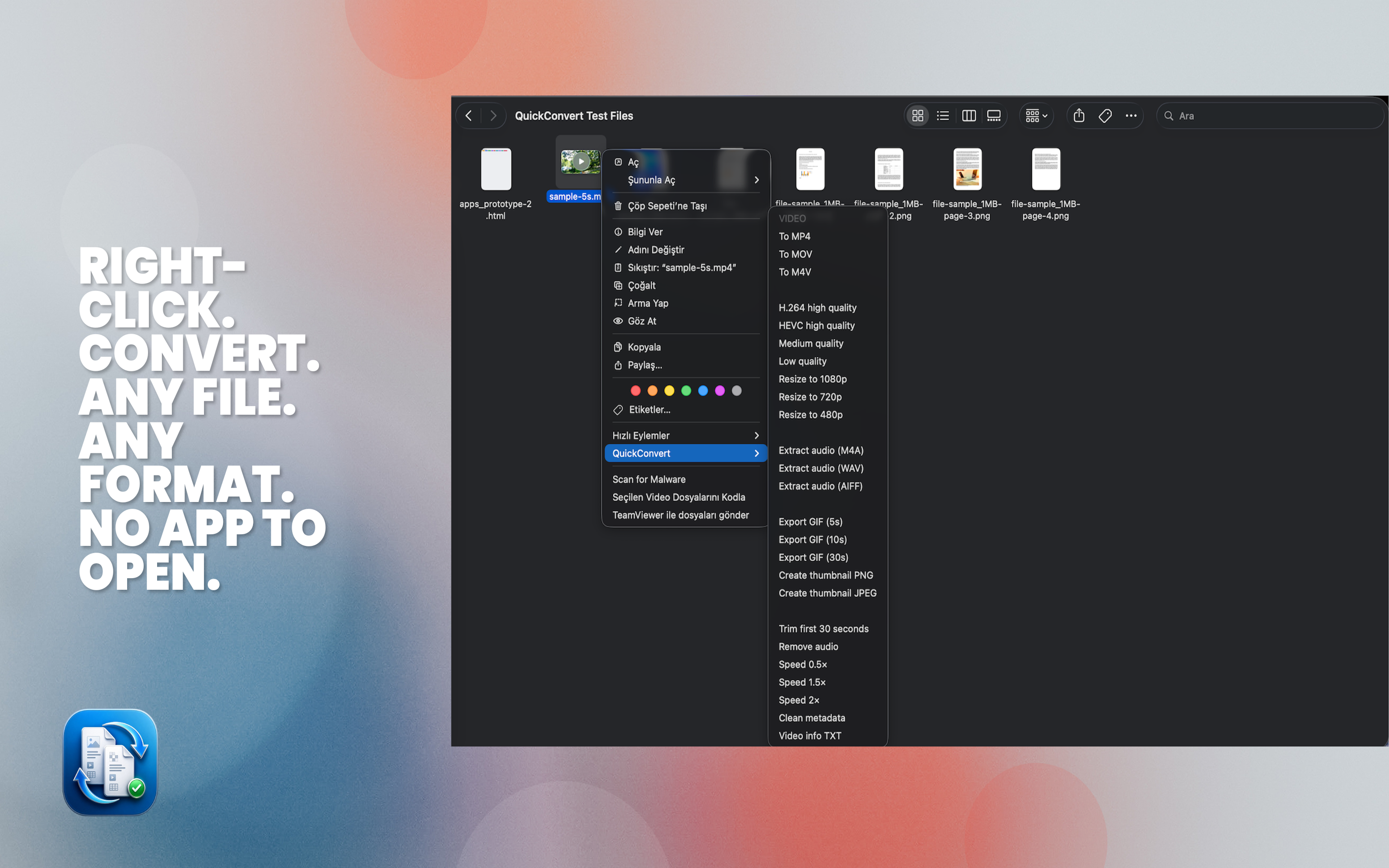 QuickConvert video conversion menu in Finder